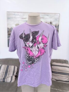 Lavender Graphic Demon Twin Tee - Pink & Black Artwork- Pinku Kult